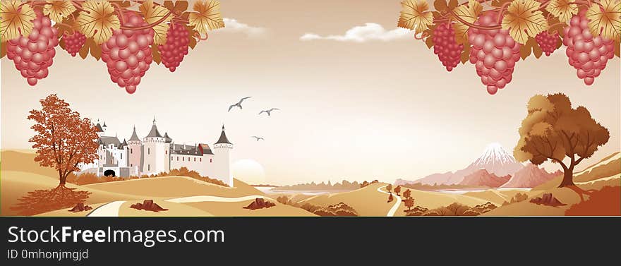 Realistic landscape with bunches of grapes in red. Ancient castle on the hill. High mountains and a lake on the horizon. Vector illustration