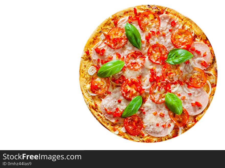 Sliced Pizza with Mozzarella cheese, Ham, Tomatoes, pepper, Spices and Fresh Basil. Italian pizza isolated on white background. with copy space. top view