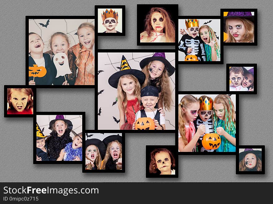 Collage of happy children on Halloween party.