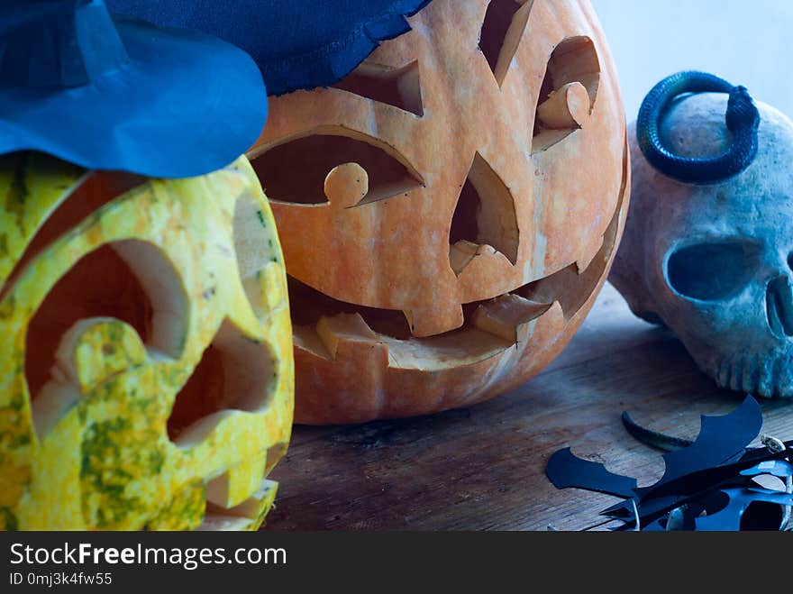 Halloween pumpkin closeup, traditional decor, carved face