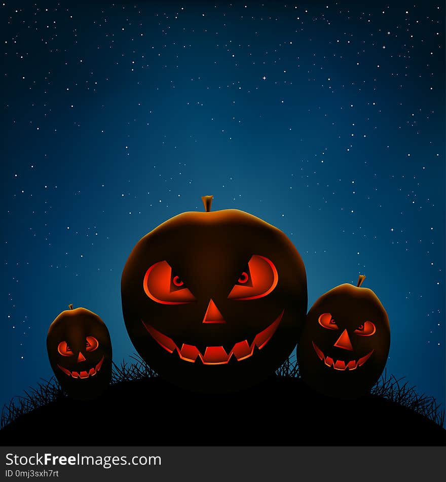 Halloween Holiday pumpkins on dark night background. Scary smiling pumpkin faces in darkness and starlight backdrop. Halloween Holiday pumpkins on dark night background. Scary smiling pumpkin faces in darkness and starlight backdrop