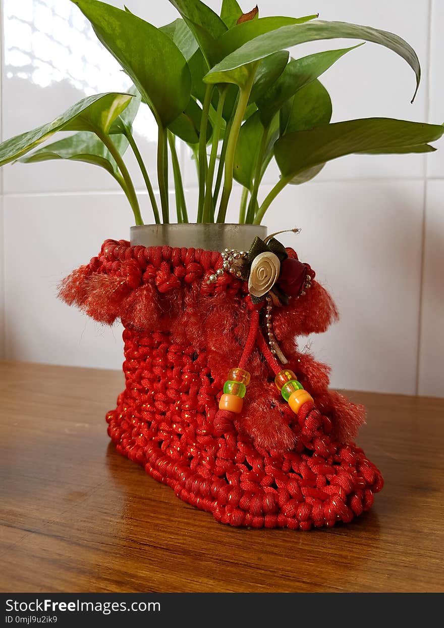 the chinese knott craft in the form of baby bootie contains a vase for plants, in this case money plant. the chinese knott craft in the form of baby bootie contains a vase for plants, in this case money plant