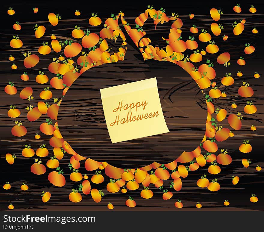 Composition of pumpkins. Halloween. Greeting card for a holiday or an invitation to a party. Empty space for text. Vector on wooden background. Yellow sheet of paper for notes. Sticker.