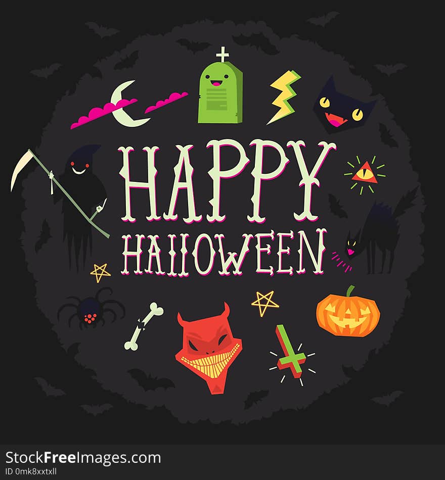 Halloween poster with happy halloween wishes and spooky faces