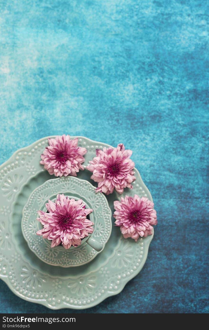 Empty dishes on the table. Clean empty plates and purple flowers on a blue background.