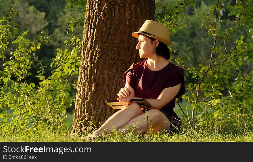 Education And Business - 3. Girl Sitting In The Park Under A Green Tree And Working On A Tablet.