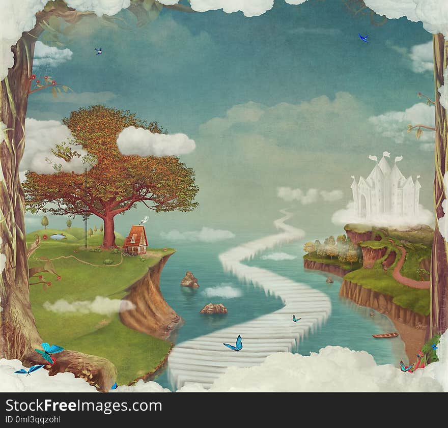 Illustration of a fairytale fantastic forest , castle, bridge, lake in sky