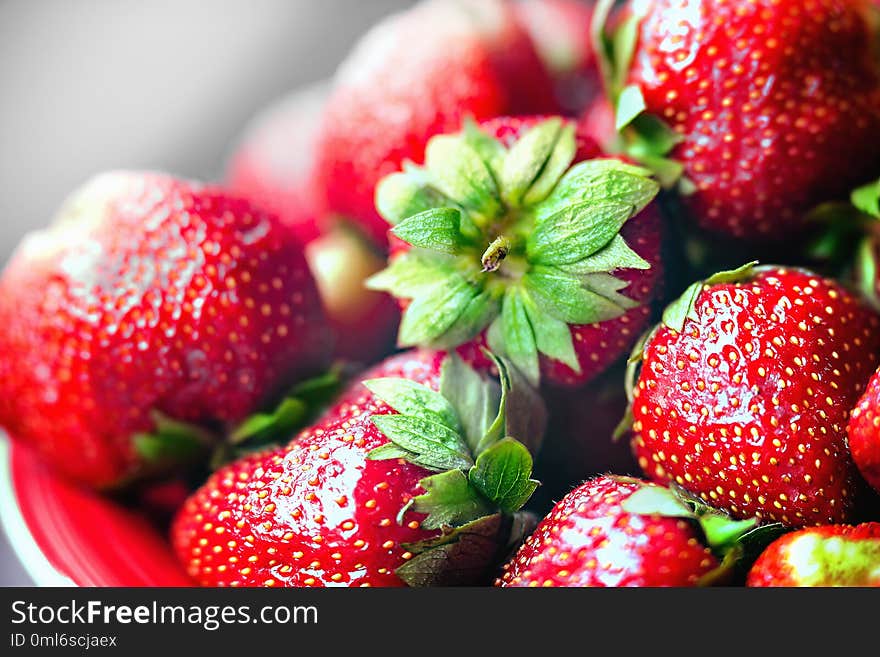 Ripe strawberries on a red plate. Close up.