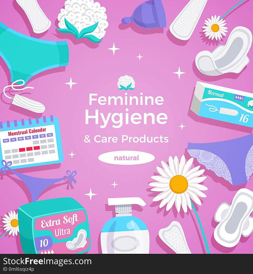 Feminine hygiene natural products flat square frame composition with pads panty liners tampons menstrual cup vector illustration. Feminine hygiene natural products flat square frame composition with pads panty liners tampons menstrual cup vector illustration