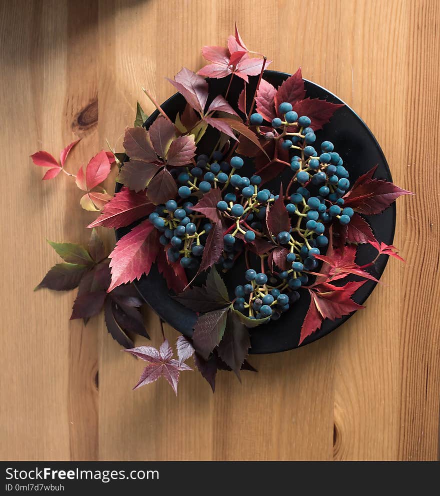 grapes close-up still life wood background red leaves blue berries