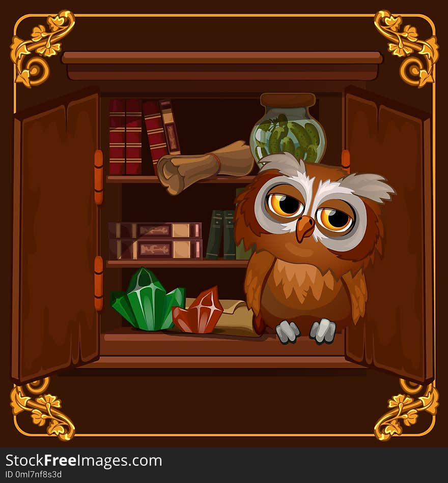 A poster with the image of a wise owl sitting on a bookshelf library with old books. Cartoon vector close-up illustration