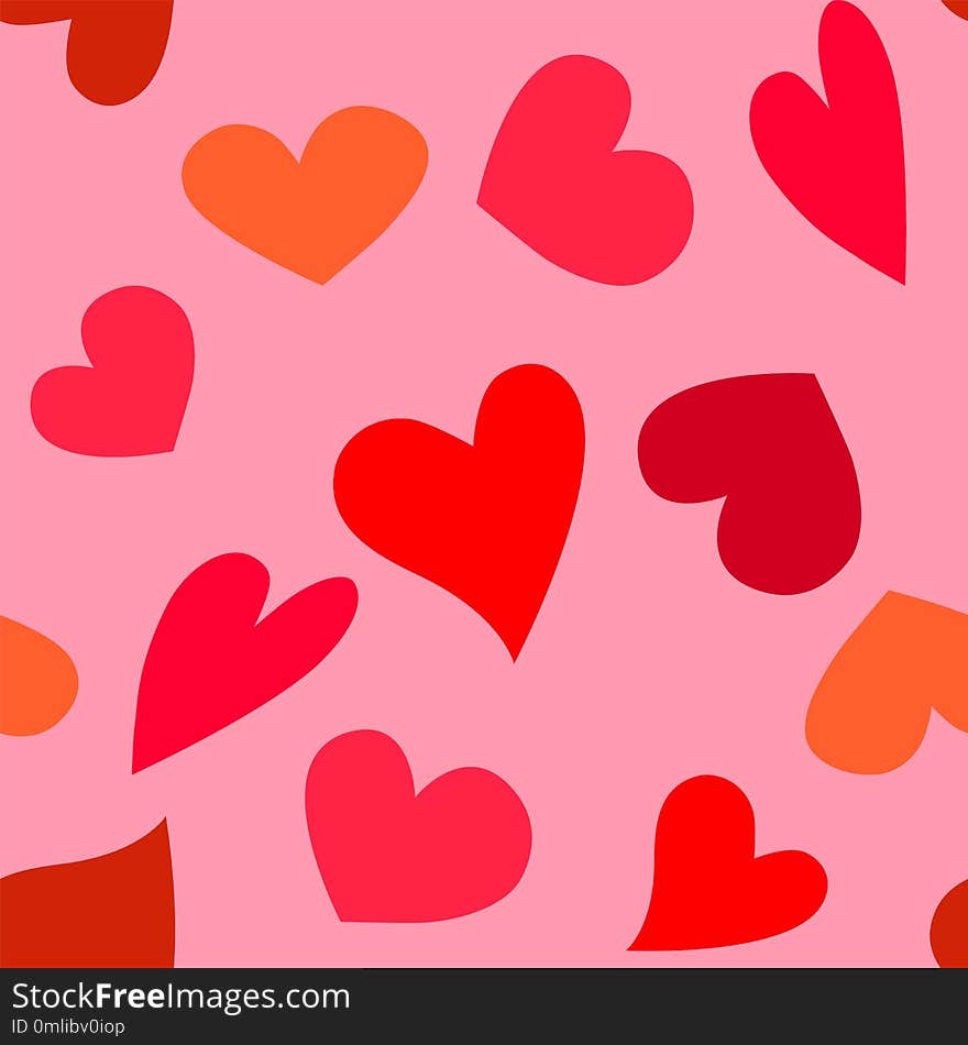 Seamless vector pattern assembled from hearts of different sizes and colors. Pink background. Gift wrap, holiday, love. Seamless vector pattern assembled from hearts of different sizes and colors. Pink background. Gift wrap, holiday, love.