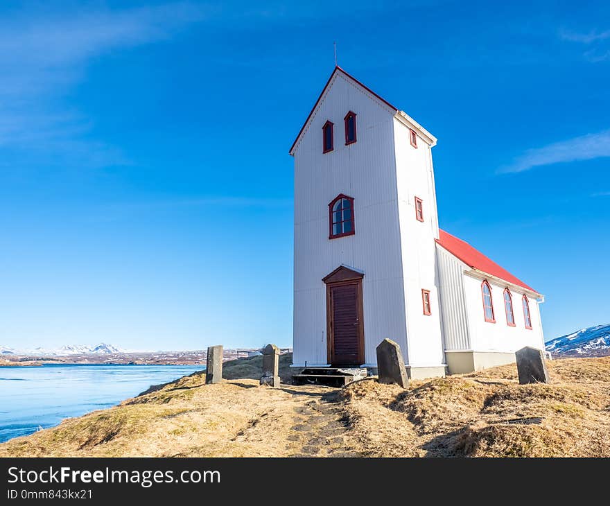 Ulfljotfvatnskirkja, church on lake, Iceland