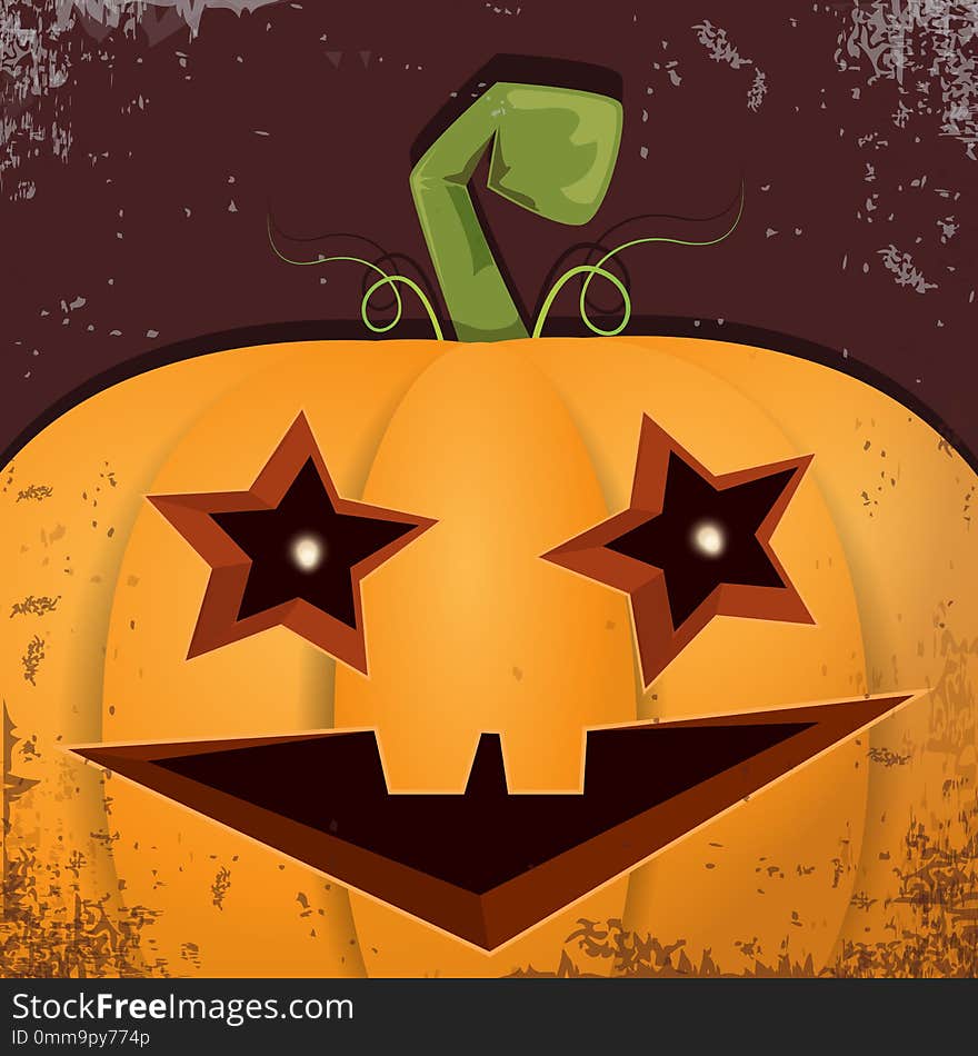 Halloween cartoon pumpkin with face on dark background. Vector cartoon Illustration of Carved pumpkin into jack-o