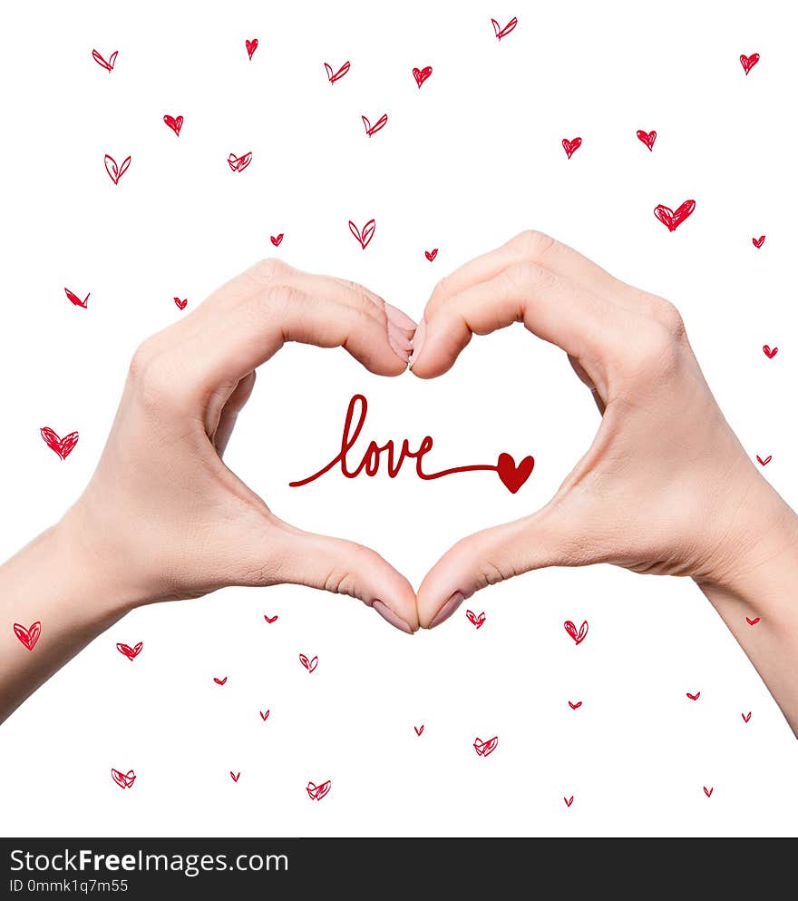 cropped view of woman making heart sign of hands, isolated on white