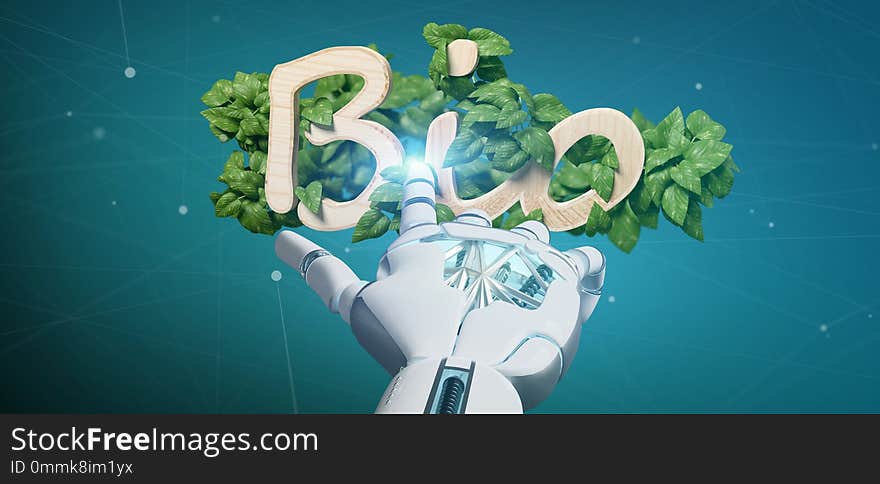View of a Cyborg holding Wooden logo bio with leaves around 3d rendering