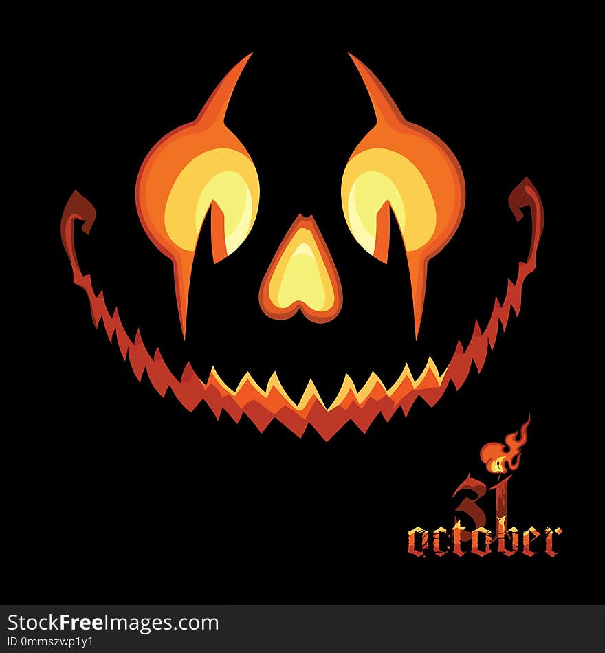 Scary Halloween Pumpkin with a Scary Jack O Lantern smile on Black Background and the words thirty-first of October, isolated on black, vector illustration