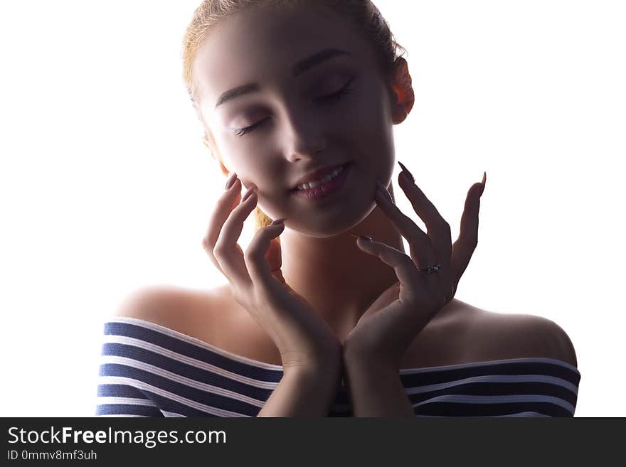 Portrait of beautiful girl palping her skin, woman face on white isolated background, concept of beauty and fashion