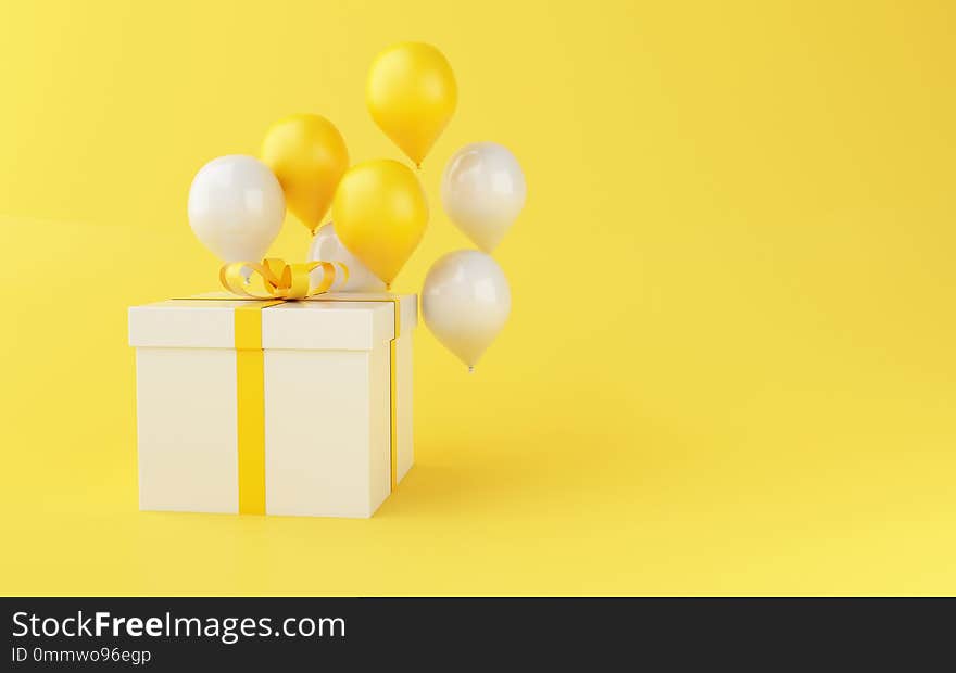 3d illustration. Balloons and gift box on yellow background. Minimal and Birthday party concept. 3d illustration. Balloons and gift box on yellow background. Minimal and Birthday party concept.