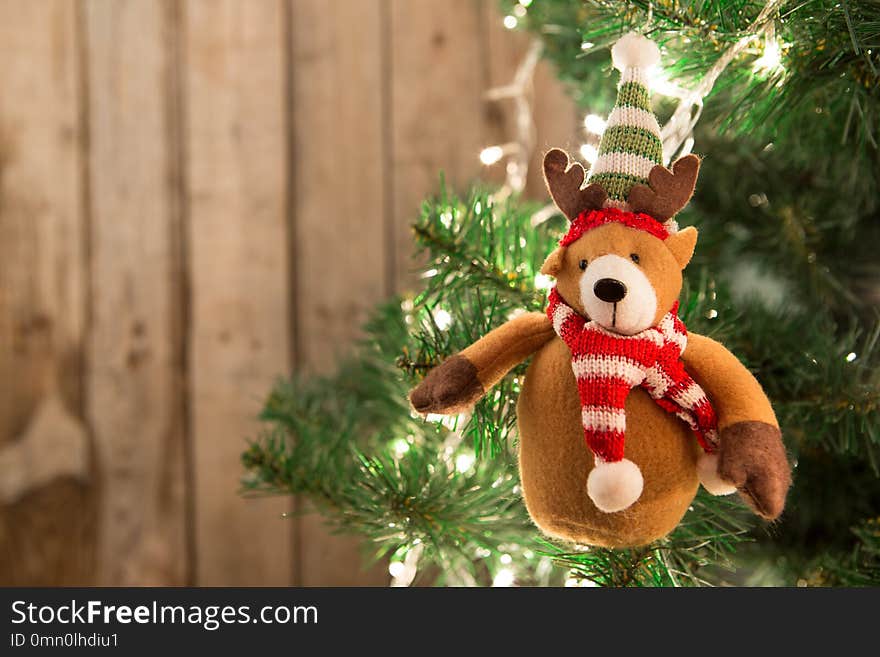 Christmas tree with lights on the wooden background