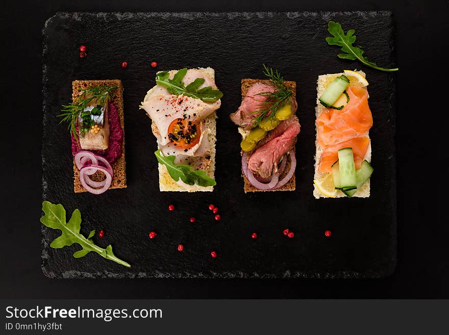 Assorted Sandwiches With Different Fillings, Ham And Vegetables