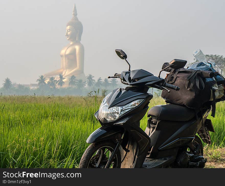 Large sitting Buddha above the palm trees and rice fields with scooter on foreground. The biggest Buddha of Thailand