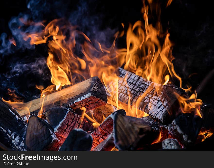 Burning wooden logs in fire, campfire isolated on black background. Burning wooden logs in fire, campfire isolated on black background