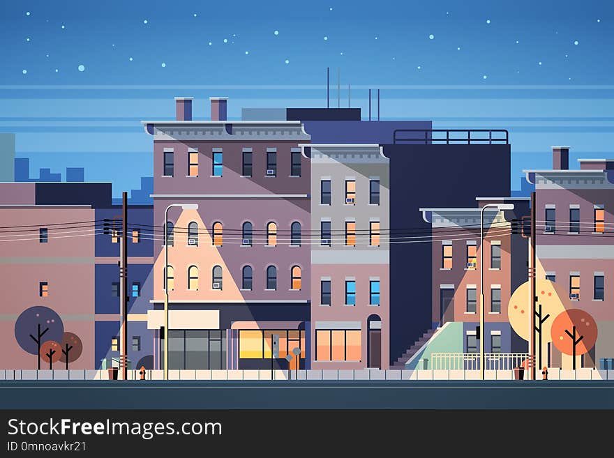 City building houses night view skyline background real estate cute town concept horizontal flat vector illustration