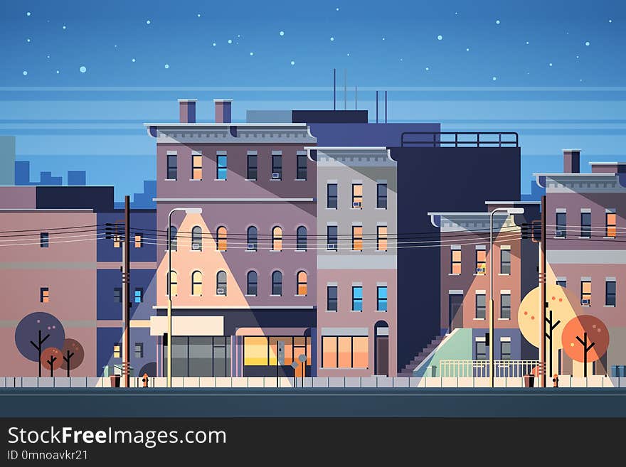 City building houses night view skyline background real estate cute town concept horizontal flat