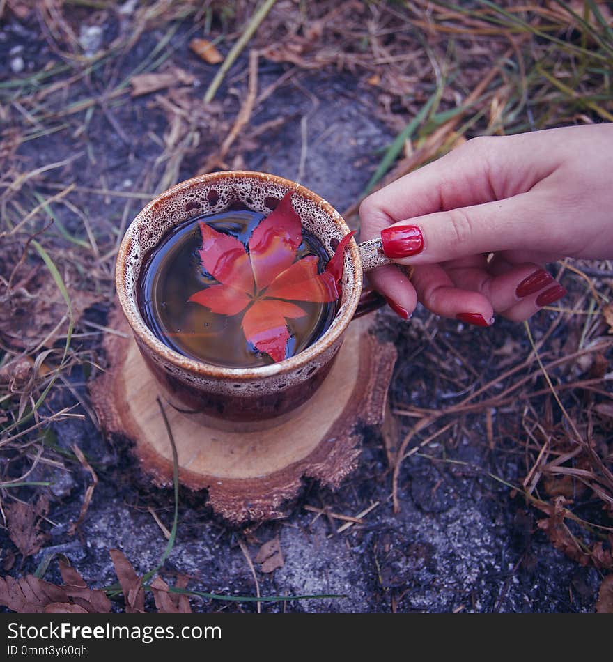 Magic potion in ceramic cup and woman hand in smoke, halloweenmysterious close up.