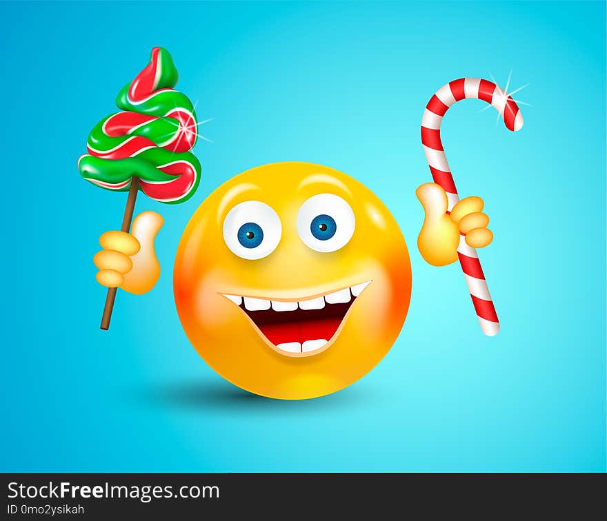 Happy smiling round face holding christmas candies fir-tree and cane on bright blue background. Cartoon character. Icon.