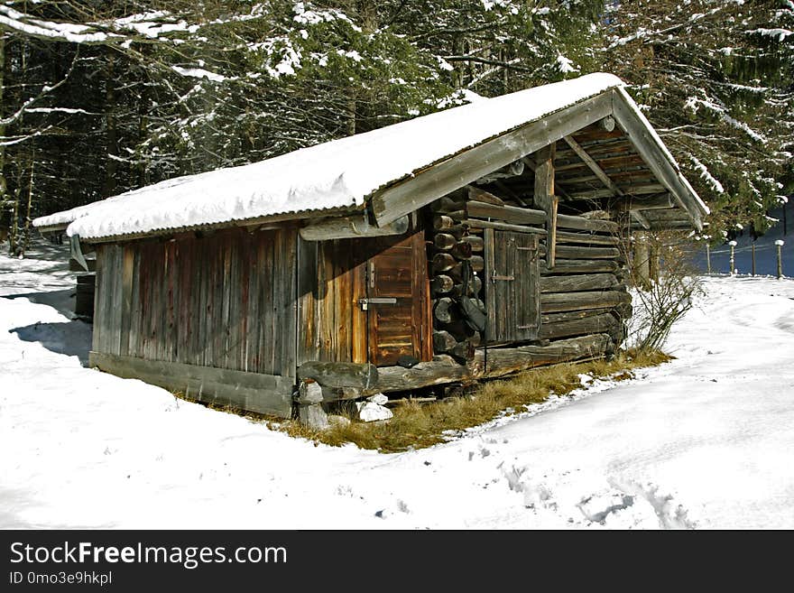 Snow, Winter, Log Cabin, Shack