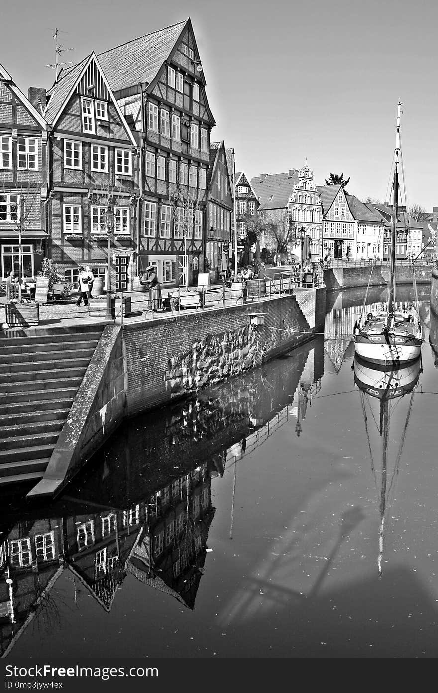 Reflection, Waterway, Water, Black And White