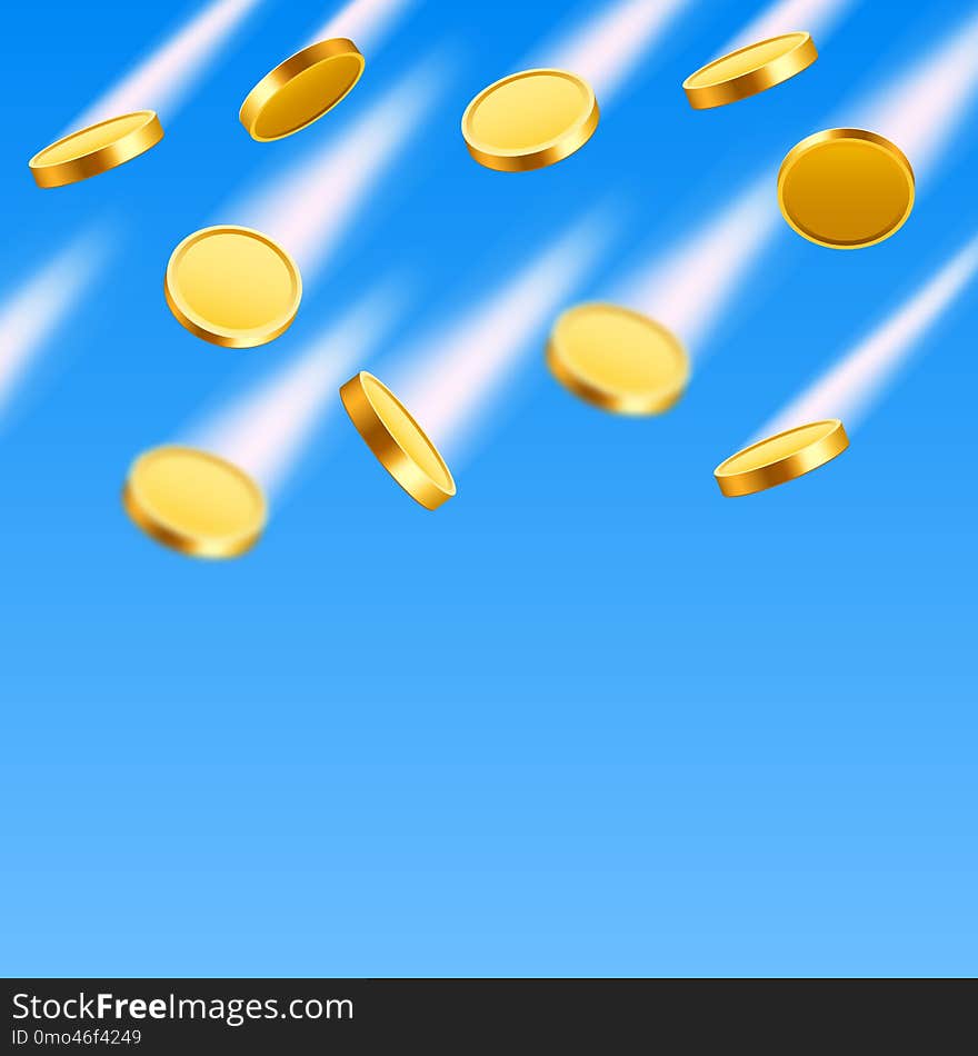 Falling coins, falling money, flying gold coins, golden rain. Jackpot or success concept. Modern background. Vector illustration