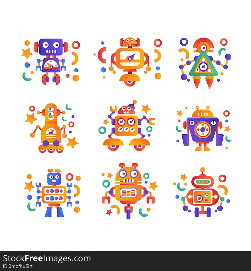 Cute funny robots set, android characters, artificial robotics machine colorful vector Illustration isolated on a white background. Cute funny robots set, android characters, artificial robotics machine colorful vector Illustration isolated on a white background.