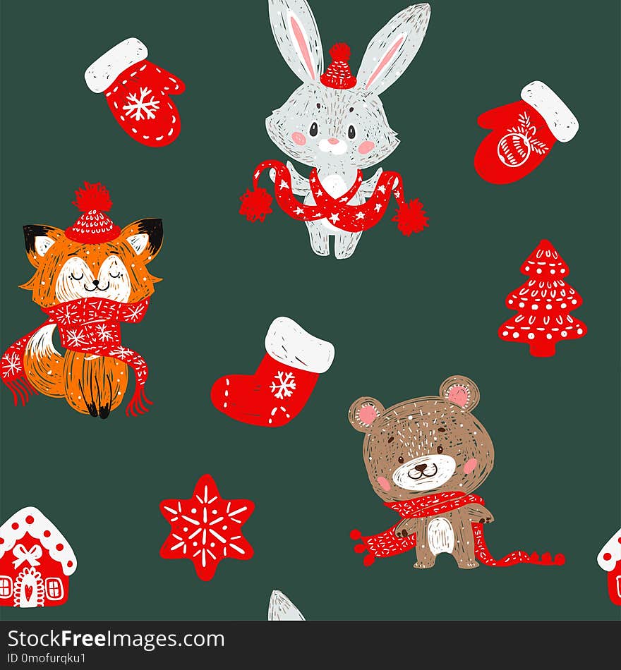 Vector seamless pattern with hand drawn doodle Christmas trees forest, socks. Rabbit bunny, fox and bear in a scarf.