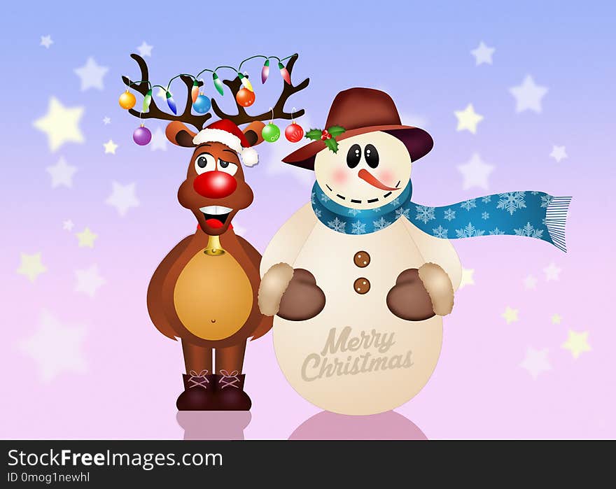 Illustration of reindeer and snowman at Christmas. Illustration of reindeer and snowman at Christmas