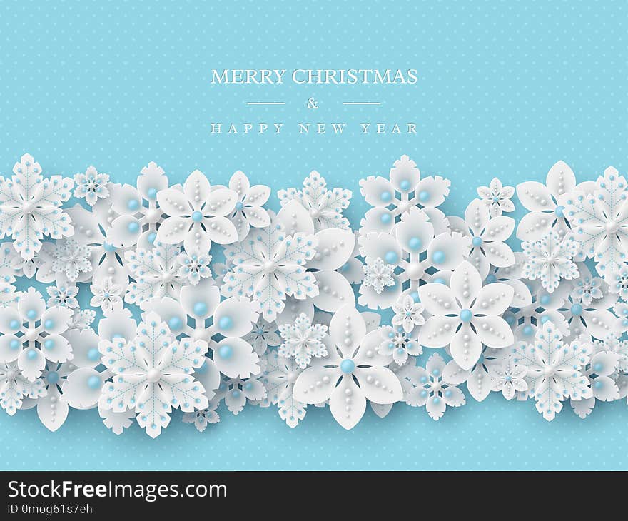 Christmas holiday design. 3d decorative snowflakes with shadow and pearls. Blue dotted background with greeting text. Vector illustration. Christmas holiday design. 3d decorative snowflakes with shadow and pearls. Blue dotted background with greeting text. Vector illustration.