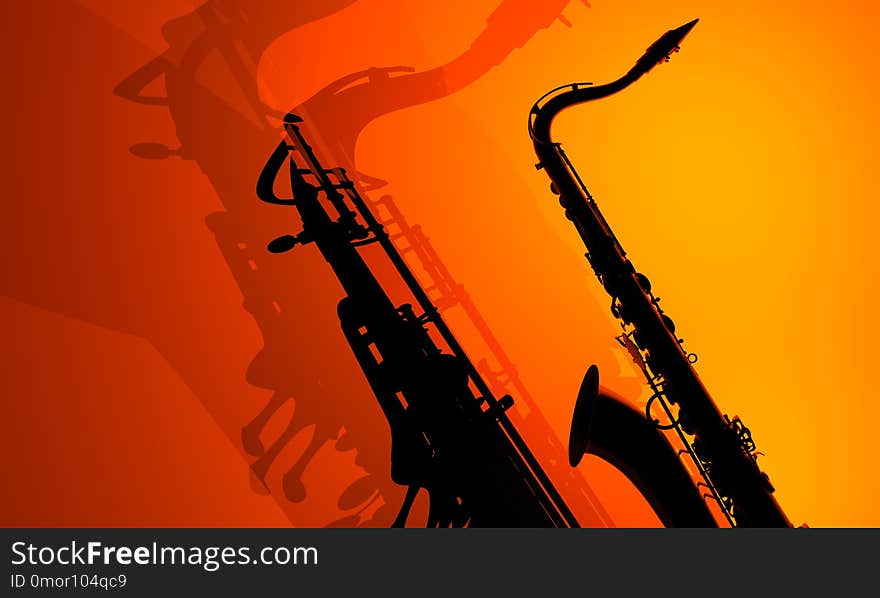 Shadows of saxophones on colorful background. Shadows of saxophones on colorful background