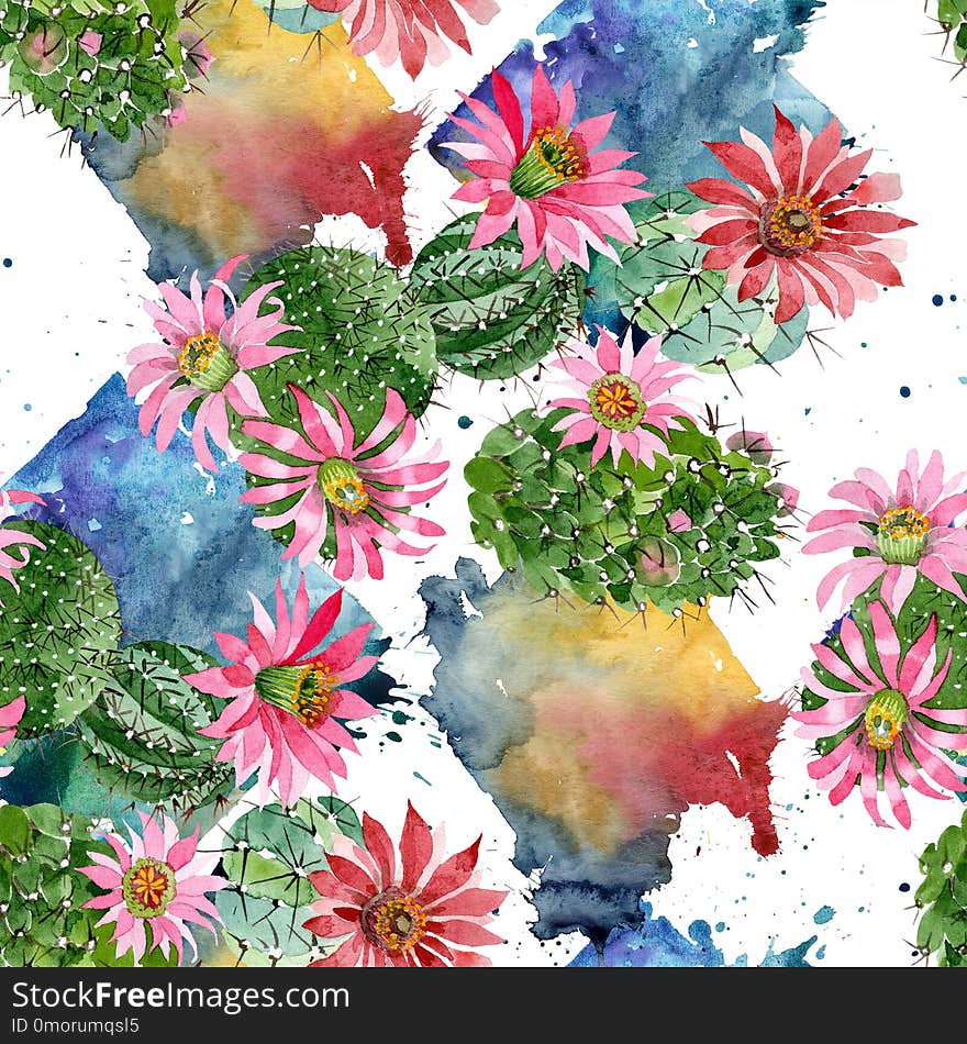 Watercolor green cactus with a pink flower. Floral botanical flower. Seamless background pattern. Fabric wallpaper print texture. Aquarelle wildflower for background, texture, wrapper pattern.