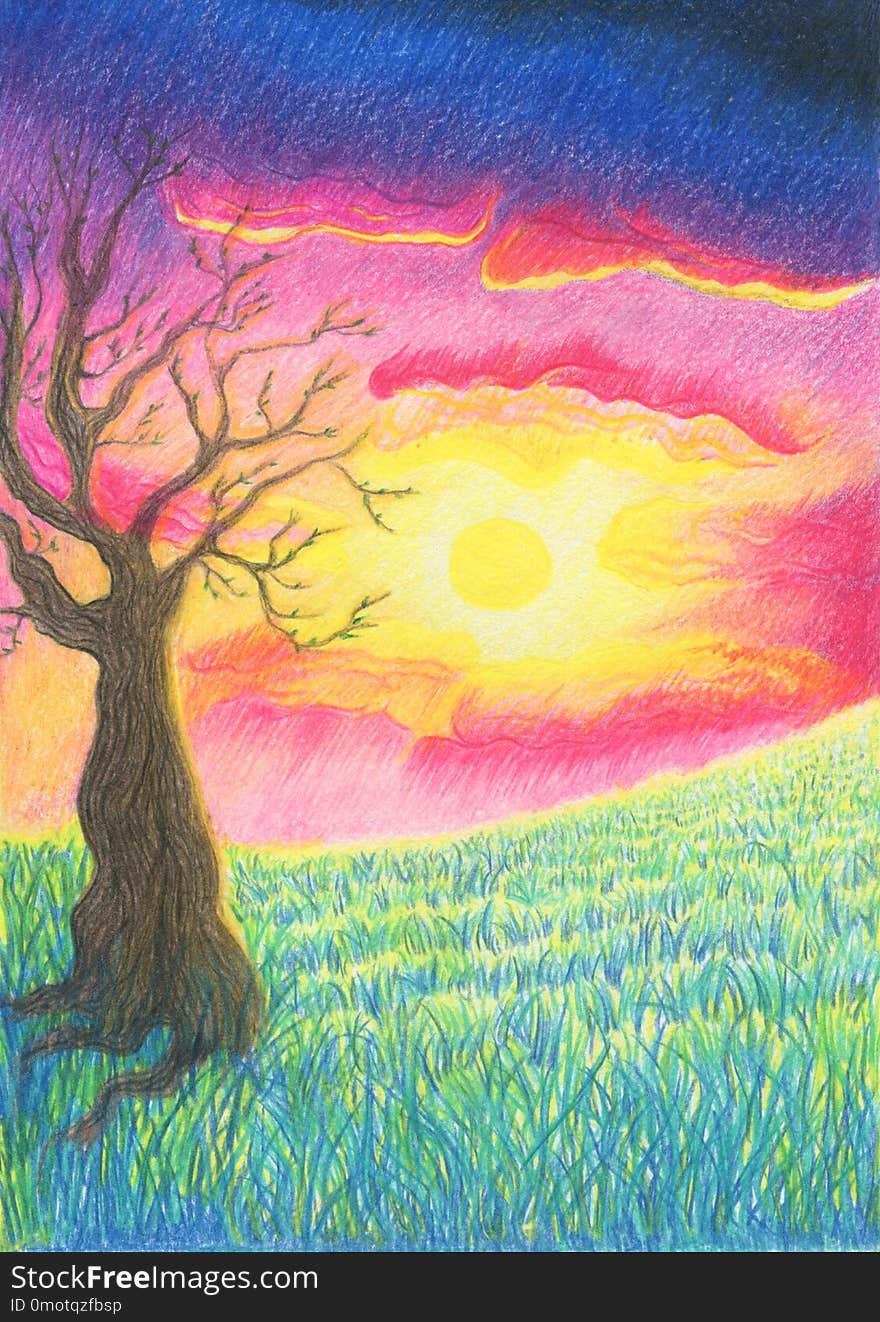 A beautiful fairy-tale landscape with a tree in the meadow against a sunset background. Drawing with colored pencils on paper.