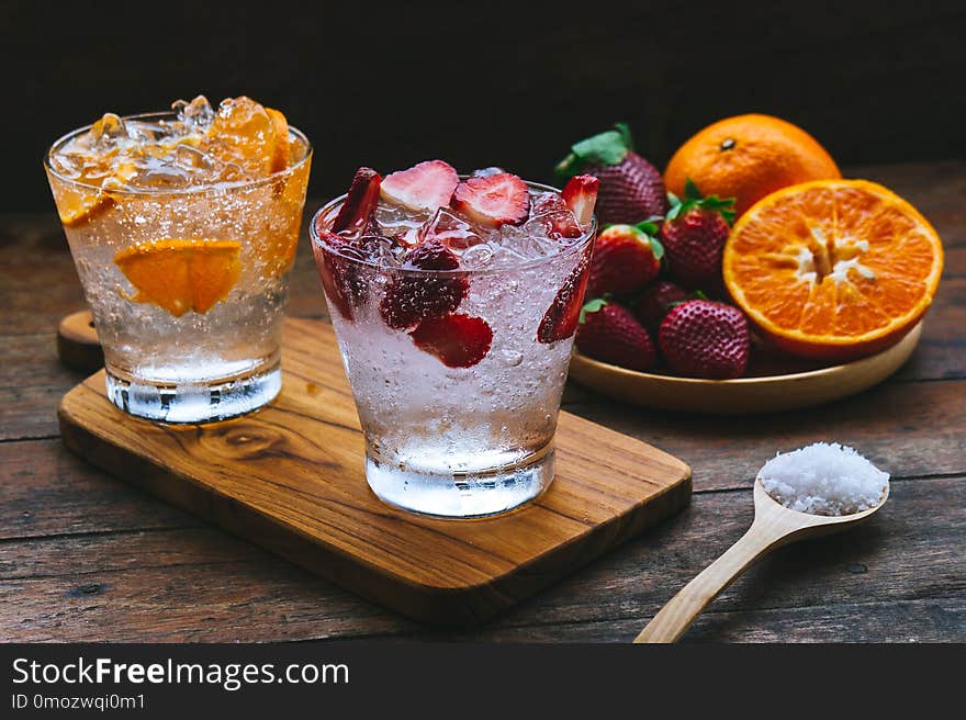Sweet fruits beverage strawberry soda and orange soda cold drink vitamin fruit, tasty drinks