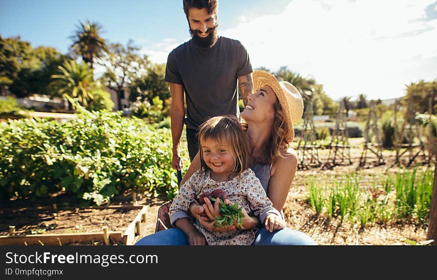 Cheerful family playing with the wheelbarrow at farm. Woman with fresh vegetables and daughter sitting on wheelbarrow pushed by her husband.