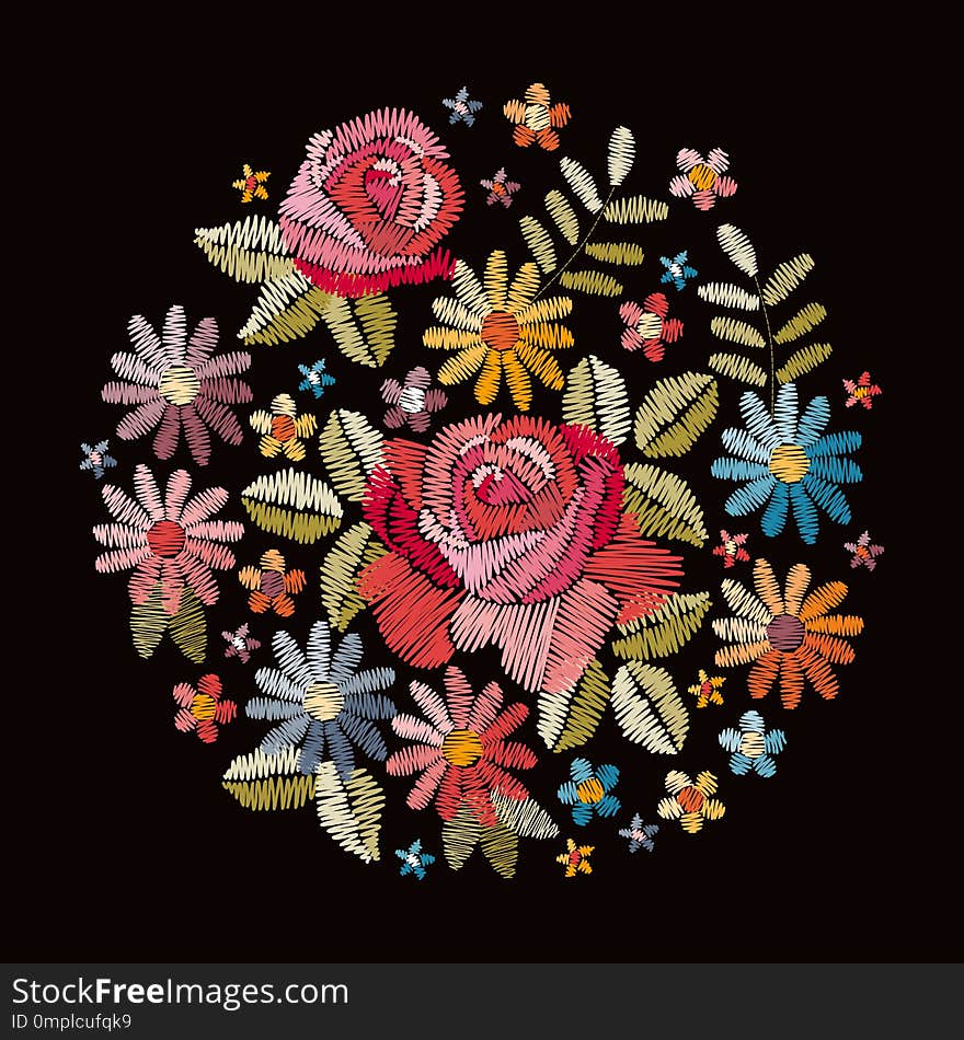 Embroidery circle pattern with beautiful flowers. Colorful bouquet on black background. Floral vector illustration.