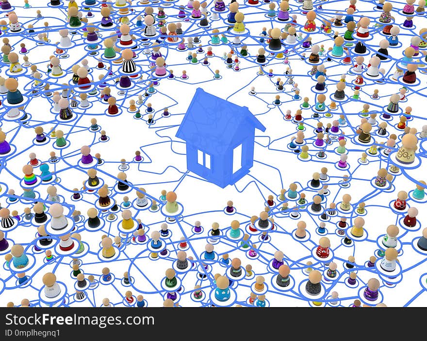 Crowd of small symbolic 3d figures linked by lines, complex layered system home center, over white, horizontal. Crowd of small symbolic 3d figures linked by lines, complex layered system home center, over white, horizontal