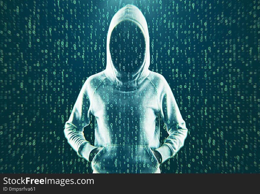 Front view of hacker with hood on abstract binary code background. Attack and virus concept. Double exposure