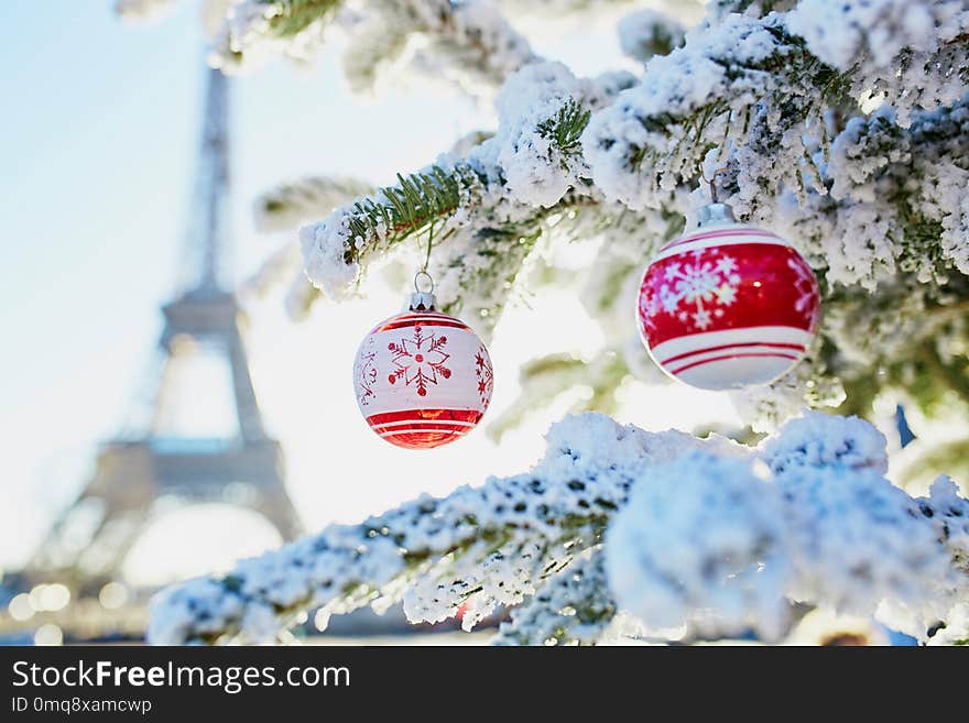 Christmas tree covered with snow near Eiffel tower