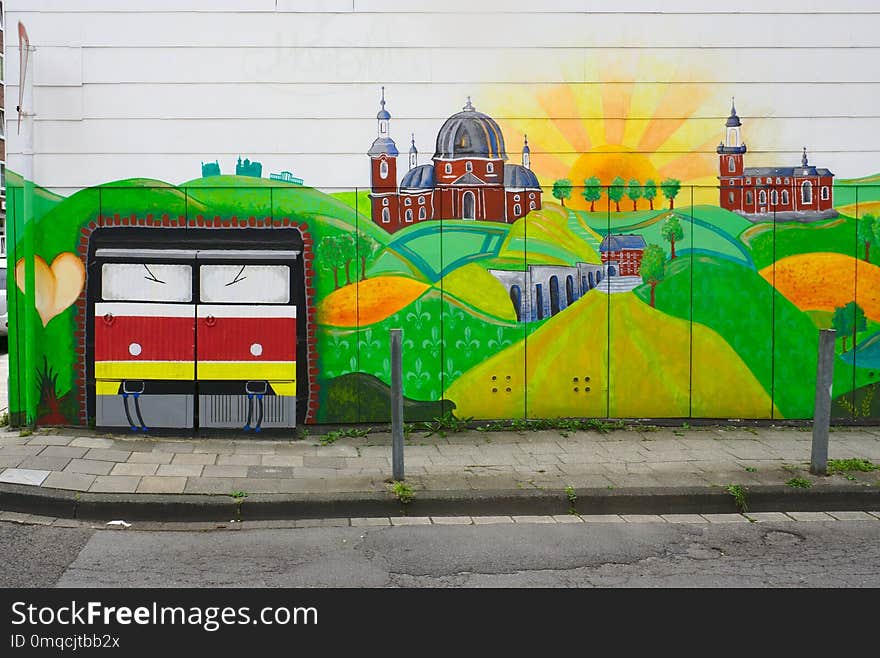 Green, Yellow, Mural, Wall