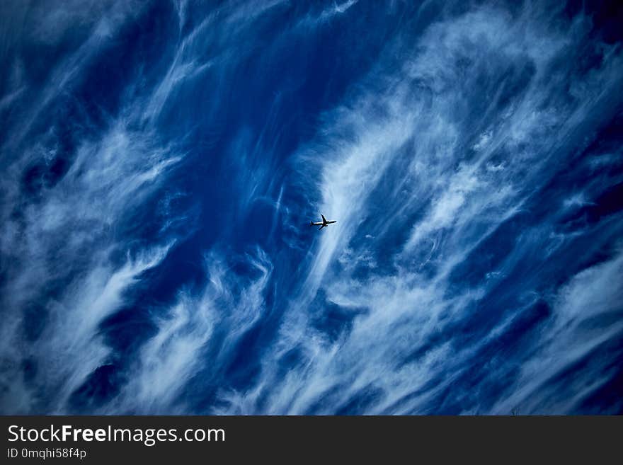 Blue sky with airplane cloudscape summer time. Blue sky with airplane cloudscape summer time