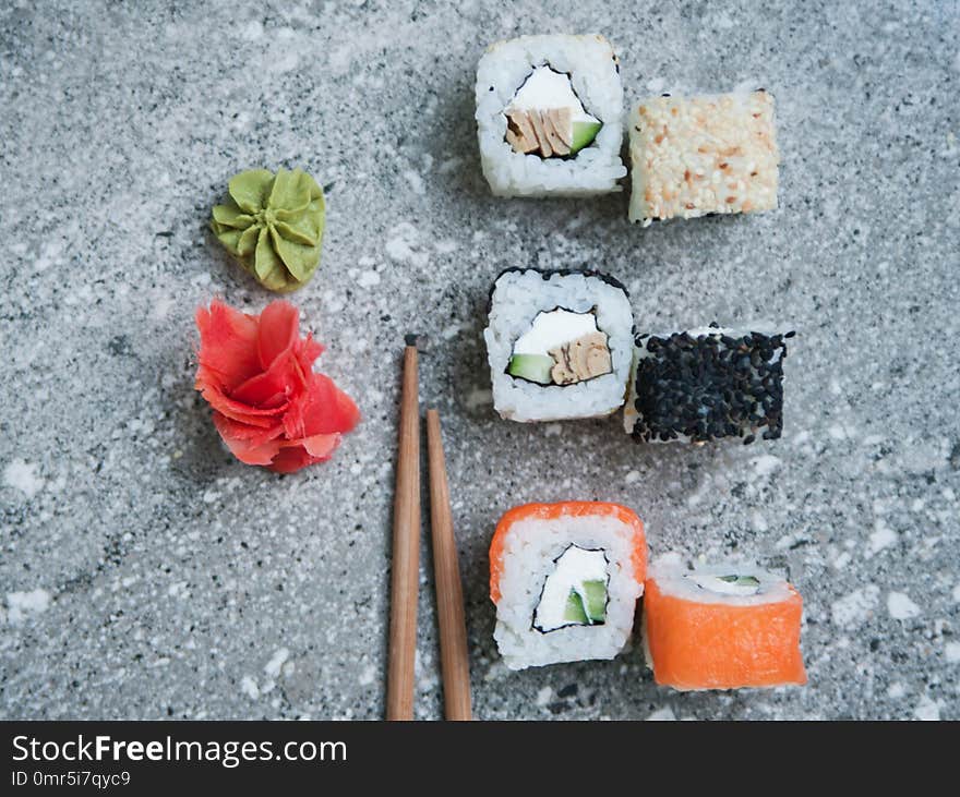 Sushi on stone background.